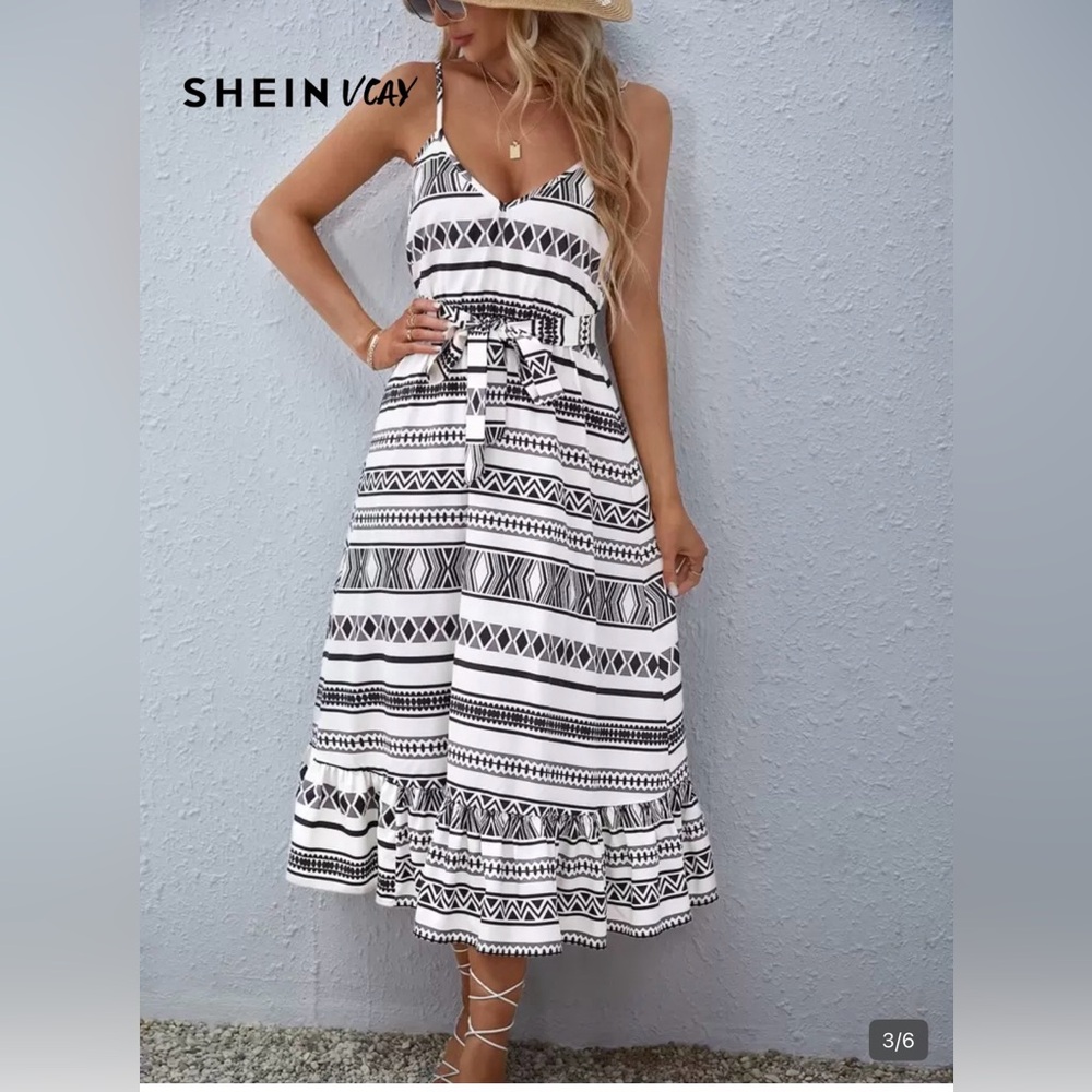 Sleeveless V-Neck Black & White Printed Midi Dress